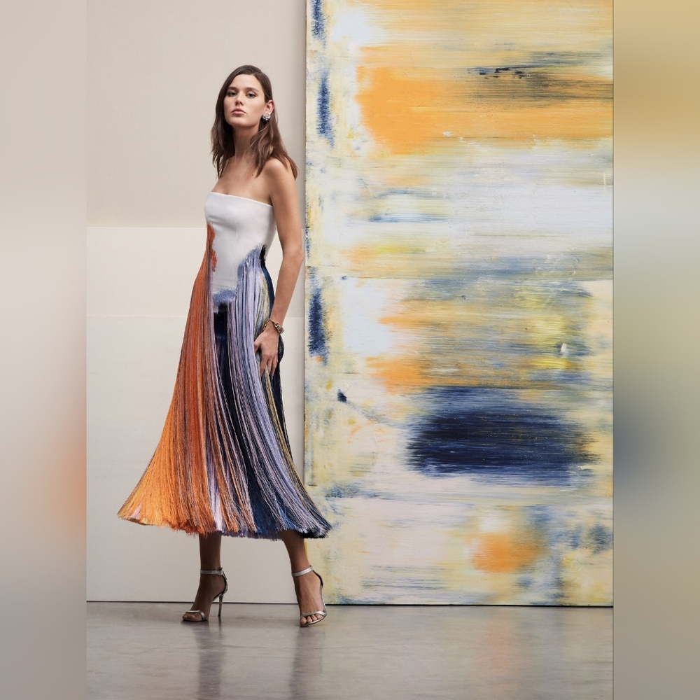 $3290 NEW OSCAR DE LA RENTA ABSTRACT CALENDULA ART MIDI DRESS US 14 - Picture 7 of 11
